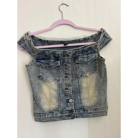 Shein Women's Blue Denim Button Up Off The Shoulder Top Vest Size S - Picture 1 of 8
